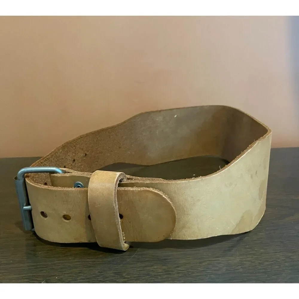 DP Fit  Vintage Tan Leather Weightlifting Belt Wide Embossed Bodybuilding